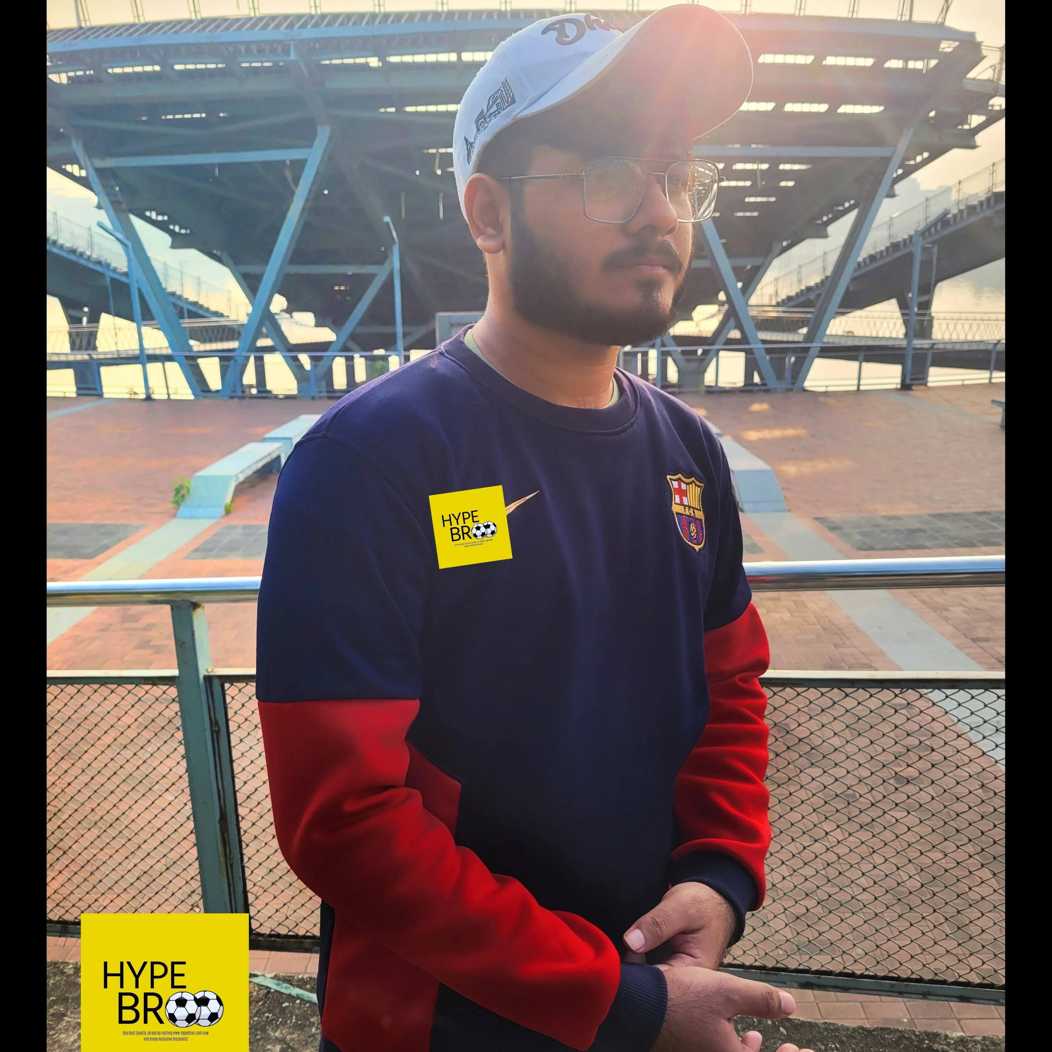 FC Barcelona maroon and blue sweatshirt front view with embroidered crest