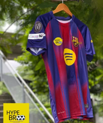 FC Barcelona 2025-26 home jersey front half sleeve hanging on tree branch by hanger