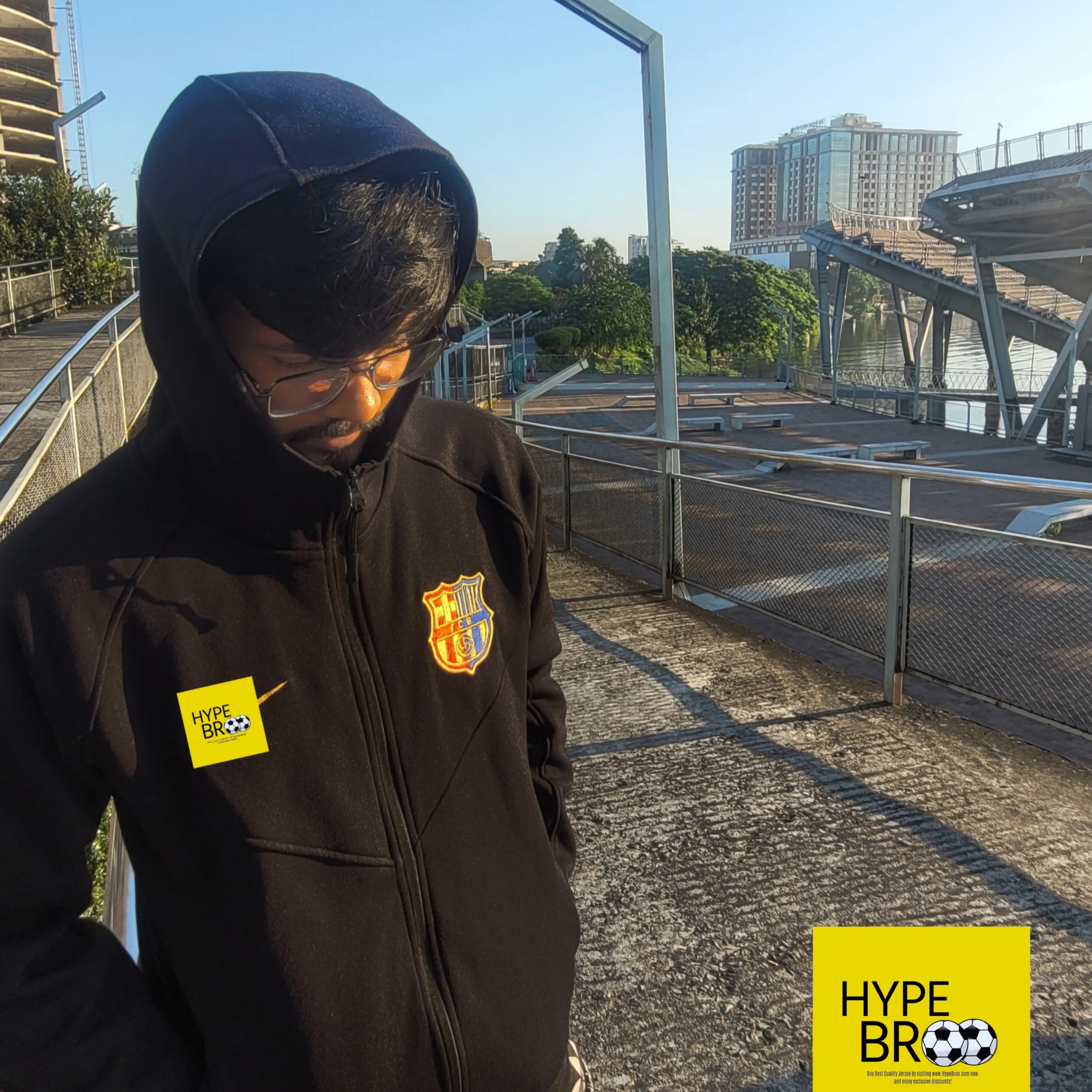 FC Barcelona black training hoodie front view with Nike design