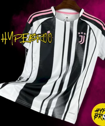 Render mockup of Juventus 2025-26 home kit floating in air for product showcase