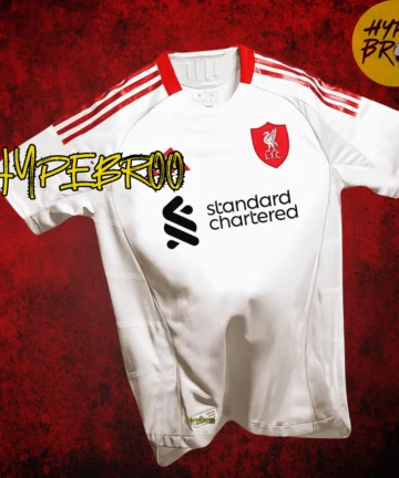 Render mockup of Liverpool away 2025-26 kit floating in air