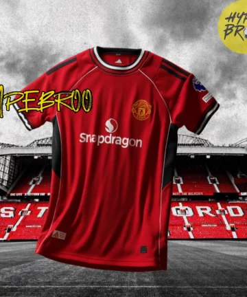Render mockup of Manchester United 2025-26 home kit floating in air